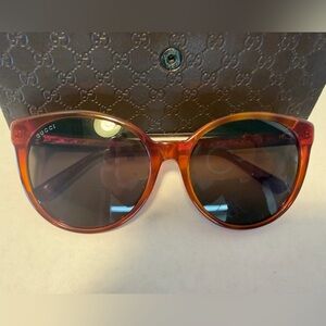 Authentic Gucci Round Sunglasses Orange Havana Frames w/Grey Green Lenses-GG3820
